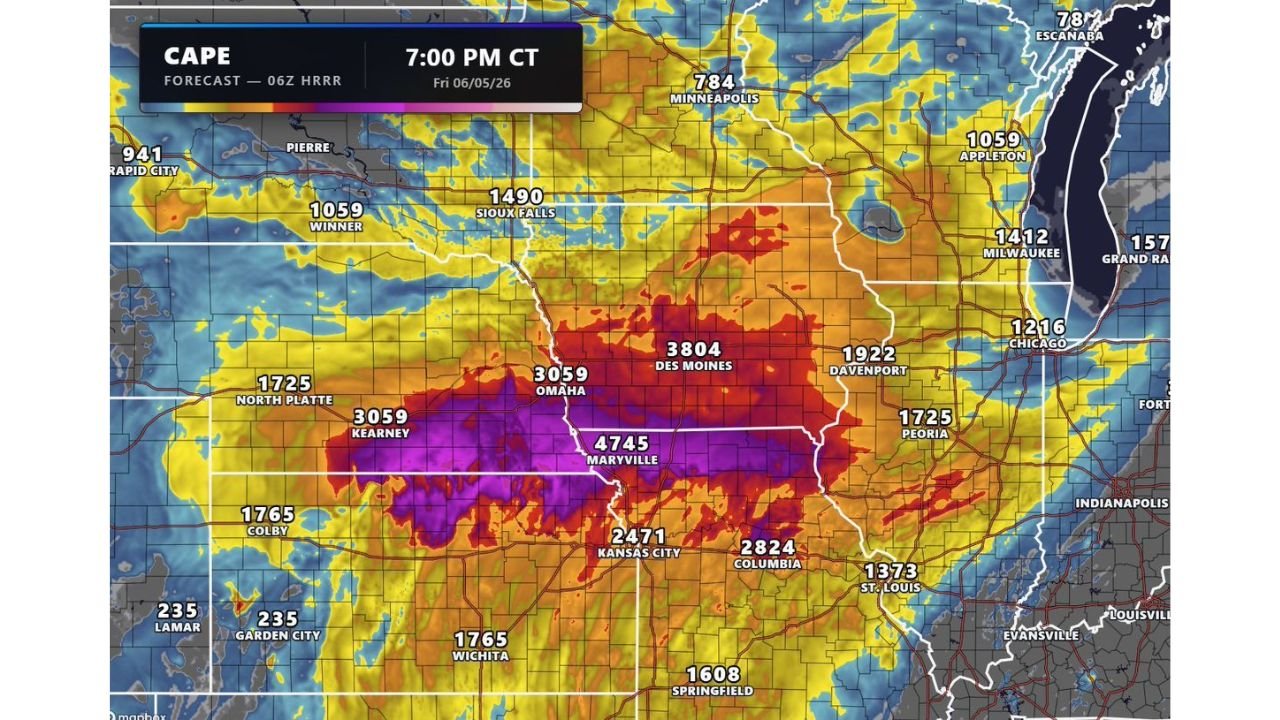 Nebraska, Iowa, Missouri, and Kansas Facing Very Large Hail, Damaging Winds, and Tornadoes as Extreme CAPE Values Reach 4745 Near Maryville Friday Evening June 5