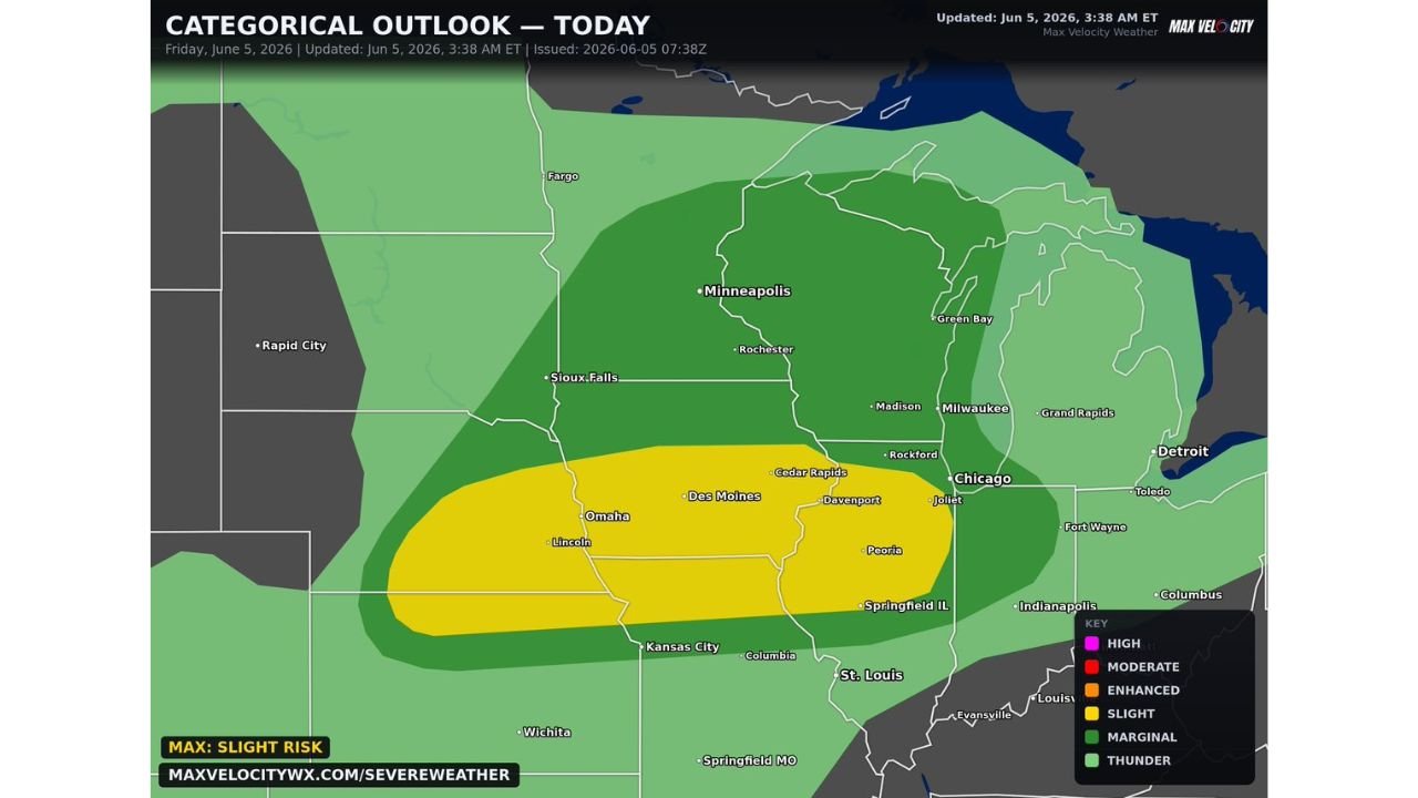 Nebraska, Iowa, and Illinois Including Omaha, Des Moines, and Chicago Facing Significant Nighttime Severe Weather with Very Large Hail, Damaging Winds, and Tornadoes After Sunset Friday June 5
