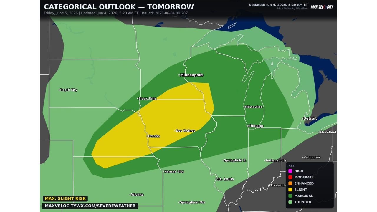 Nebraska, Iowa, and Wisconsin Including Kearney, Omaha, Des Moines, and La Crosse Facing Damaging Winds, Very Large Hail, and Tornadoes as Widespread Storm Line Erupts Friday Evening