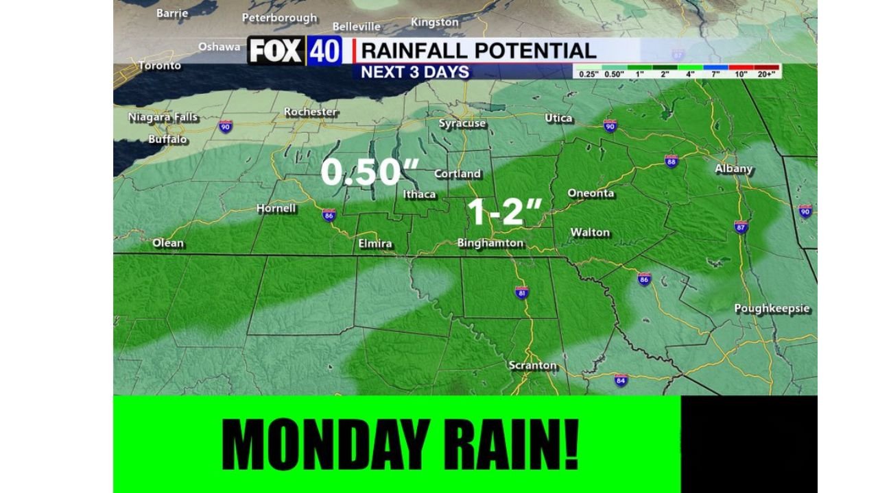 New York, Pennsylvania Brace for Heavy Rain Monday With 1 to 2 Inches Possible in Binghamton, Oneonta, Walton, Scranton Areas