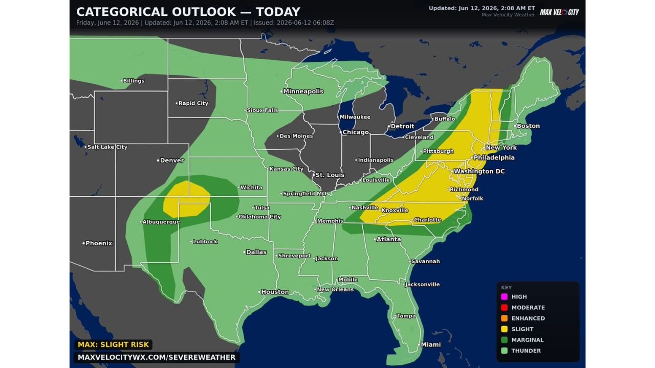 New York, Virginia, and the East Coast Face 30 Percent Severe Wind Probability Today While Southeast Colorado Sees Isolated Tornado and Hail Risk