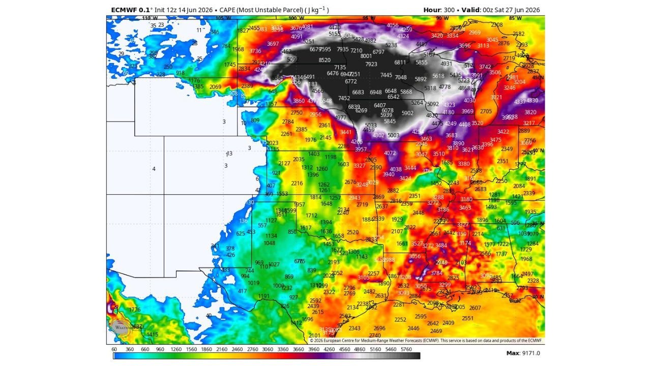 North Dakota South Dakota and Minnesota ECMWF Shows Extreme 9171 J/kg CAPE Forecast for June 27 Far Outside Normal Range