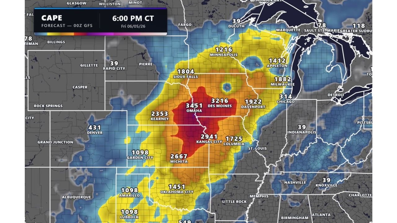 North of Kansas City Through Western Wisconsin Including Omaha and Des Moines Facing Damaging Winds, Very Large Hail, and Tornadoes as Extreme CAPE Values Reach 3451 Friday June 5