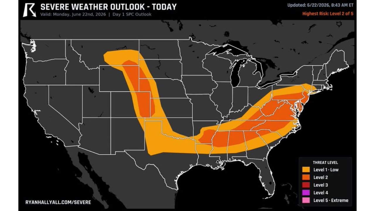 Northeast Colorado, Virginia, North Carolina, Washington DC, Baltimore Face Level 2 Severe Risk Monday With Very Large Hail, Damaging Winds, Tornadoes Possible