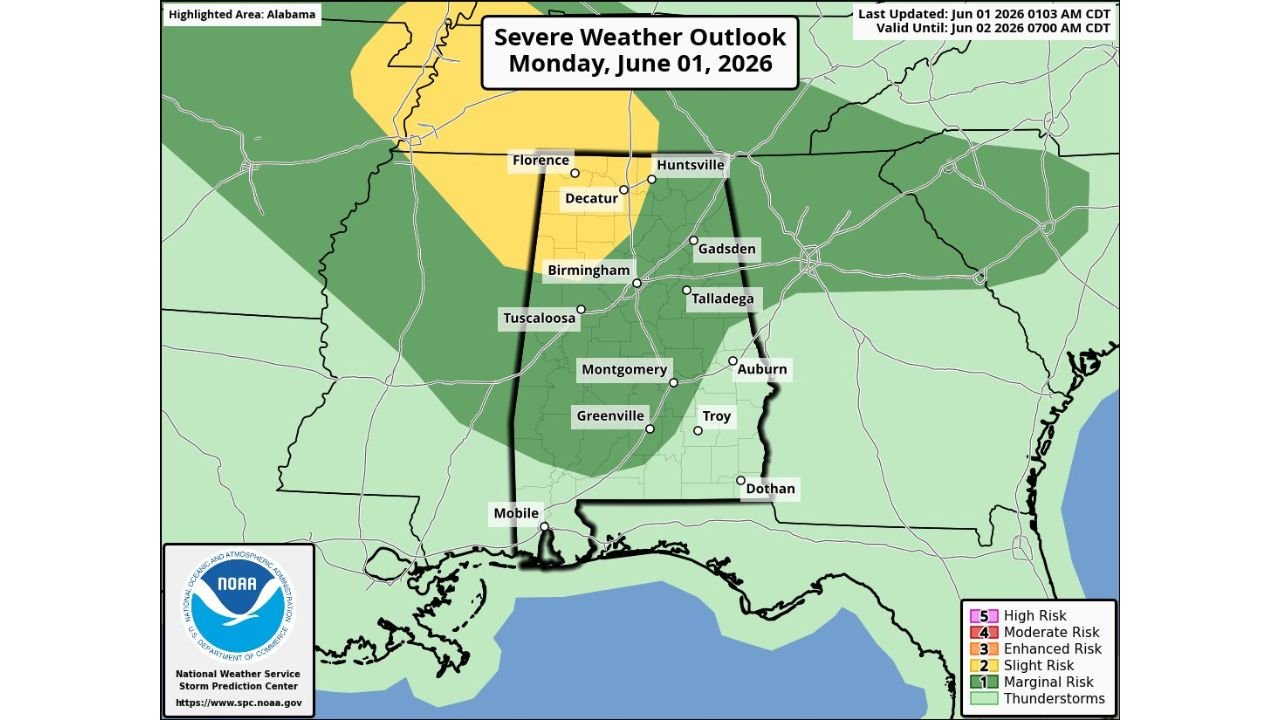 Northern Alabama, Including Florence, Huntsville, and Birmingham, Under Slight Risk as Strong Straight Line Winds Threaten from Noon to 8 PM Today