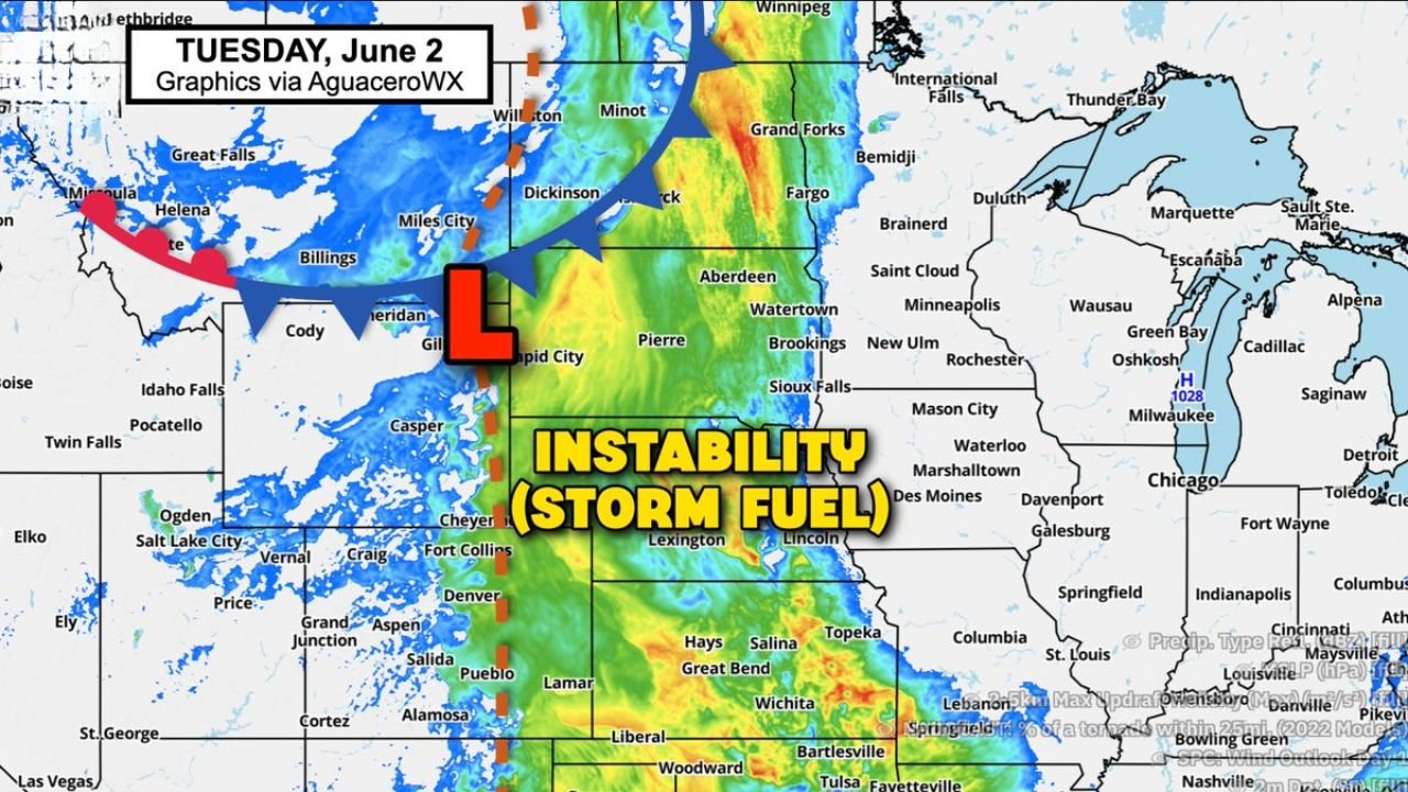 Northern High Plains Including North Dakota, South Dakota, and Wyoming Facing Tornado Potential as Strong Winds and High Instability Combine Tuesday June 2