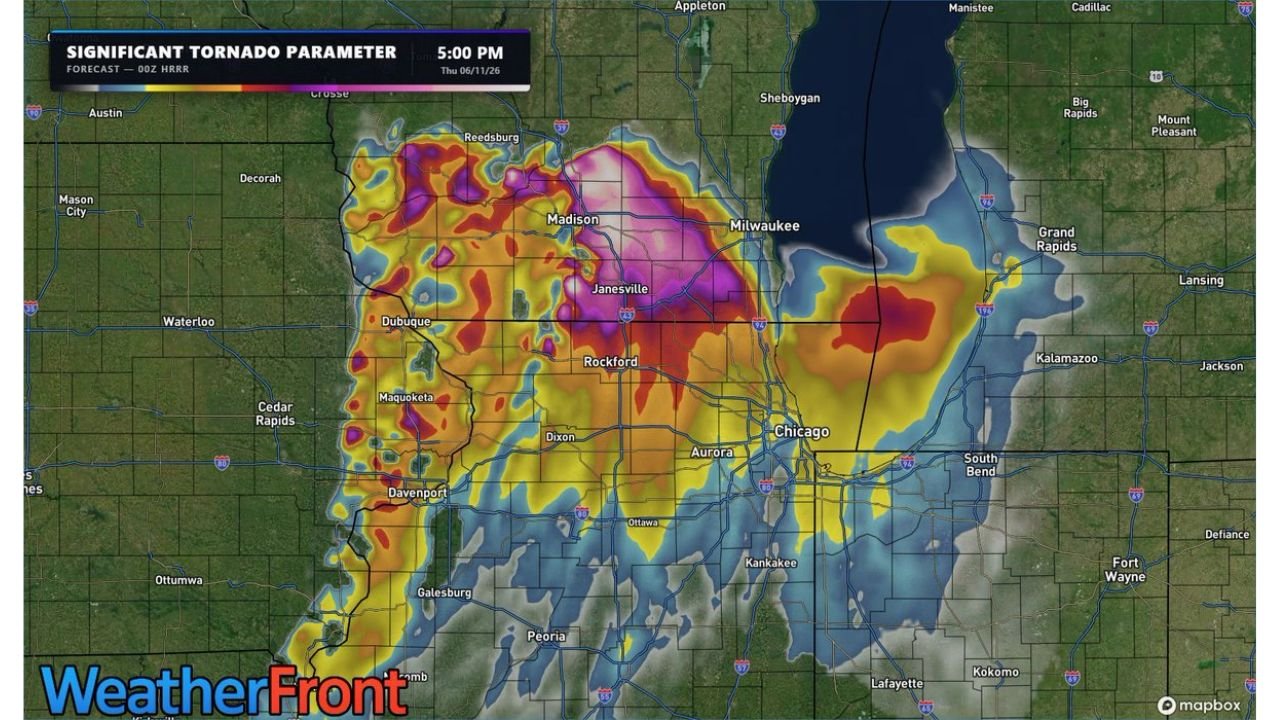 Northern Illinois and Southern Wisconsin Face Volatile Tornado Environment Thursday as HRRR Shows Explosive Significant Tornado Parameter Near Warm Front