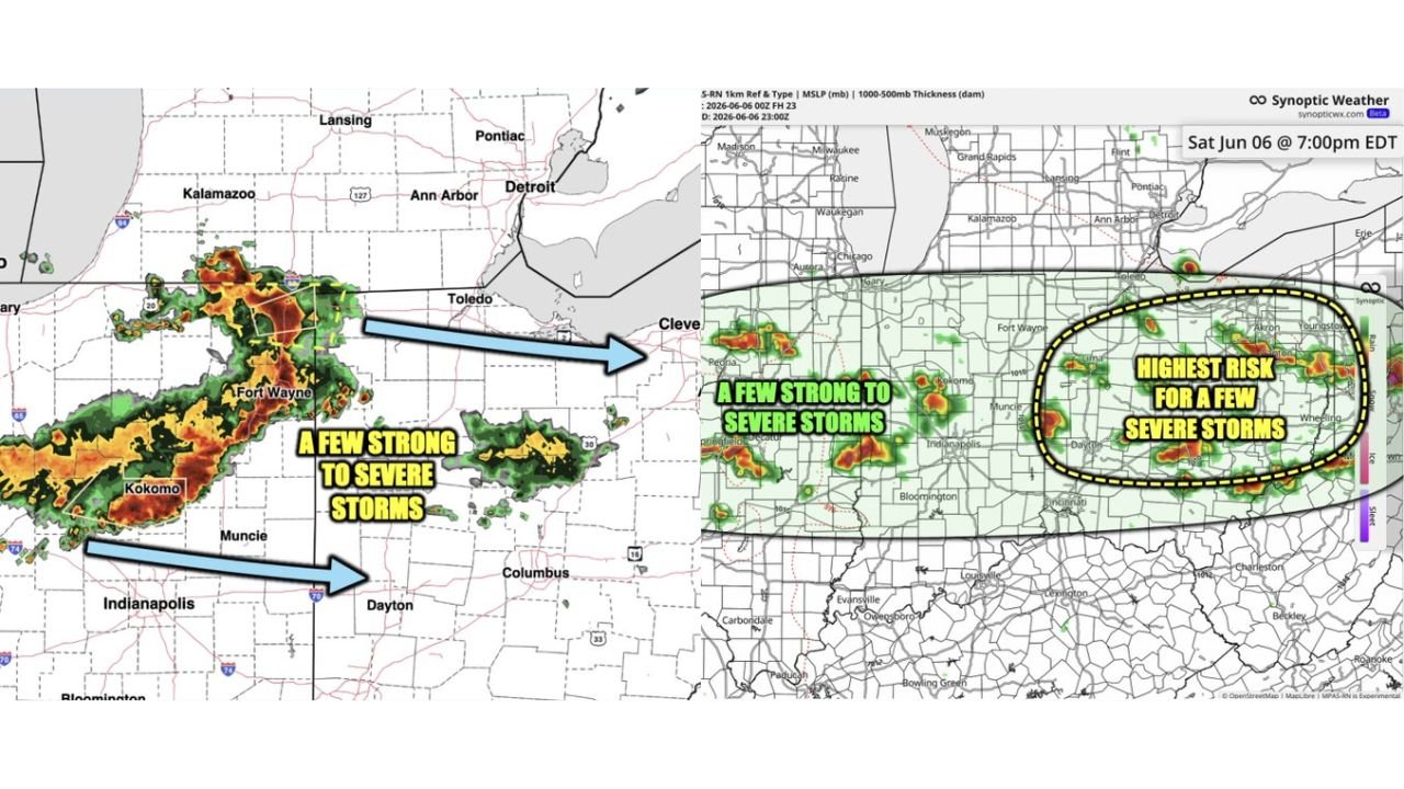 Northern Indiana and Ohio Including Fort Wayne, Columbus, Akron, and Youngstown Hit by Strong to Severe Storms with Large Hail, Damaging Winds, and Isolated Tornado as Highest Risk Peaks by 7PM Saturday June 6