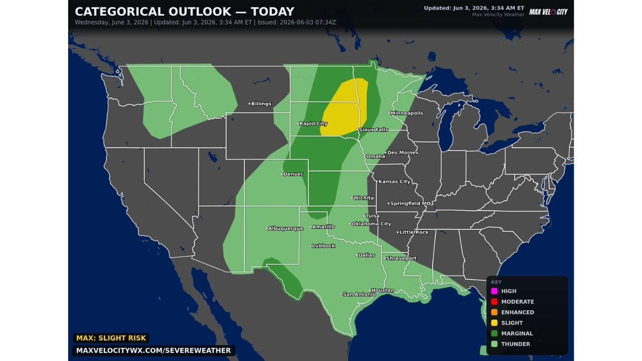 Northern Plains Including North Dakota, South Dakota, and Nebraska Facing Very Large Hail, Damaging Winds, and Tornadoes as Slight Risk Targets Rapid City and Sioux Falls Today