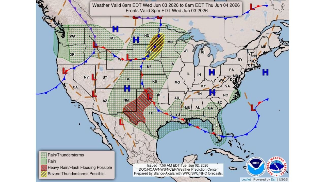 Northern Plains Including North Dakota and South Dakota Facing Severe Thunderstorms, Large Hail, and Tornadoes as Flash Flooding Threatens Wednesday June 3