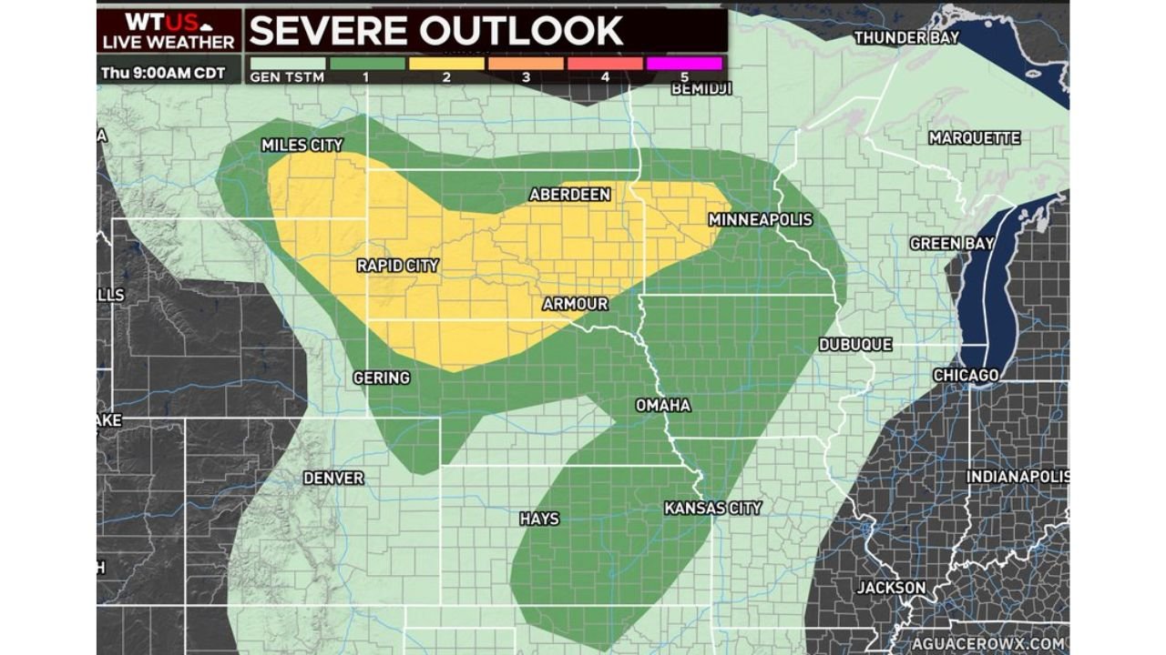 Northern Plains Including Rapid City, Aberdeen, and Miles City Under Slight Risk with Large Hail, Damaging Winds, and Tornadoes Expected This Afternoon and Evening Thursday June 4