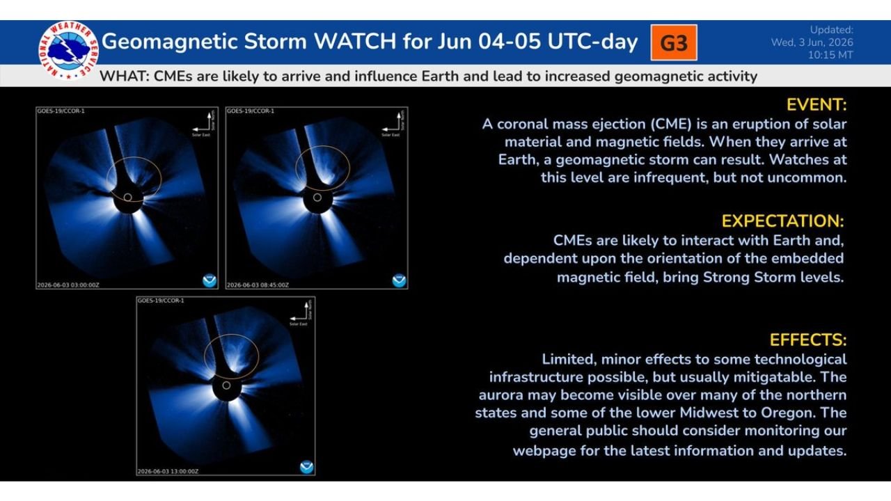Northern States and Lower Midwest to Oregon Under G3 Geomagnetic Storm Watch as CMEs Arrive June 4 to 5 with Aurora Visibility Possible