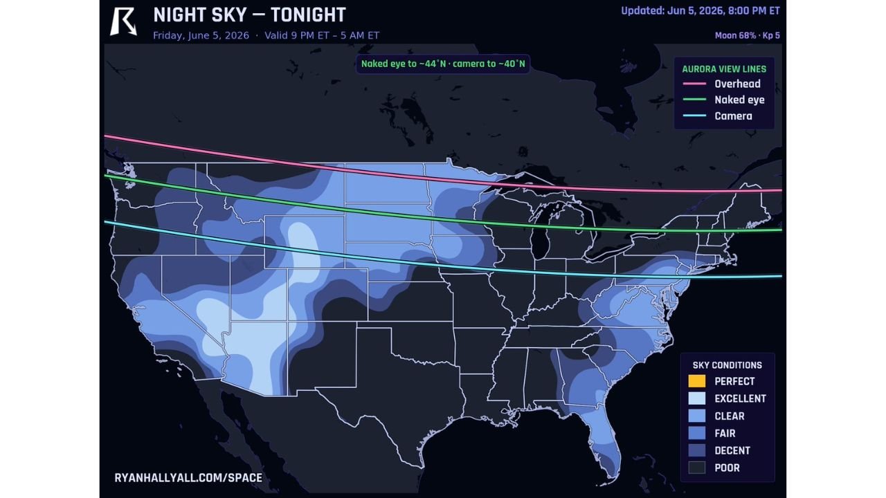 Northern US States Including Montana, Minnesota, and New England Getting Chance to See Aurora Tonight at Kp 5 G1 Level with Naked Eye Viewing Possible to 44N Friday Night June 5