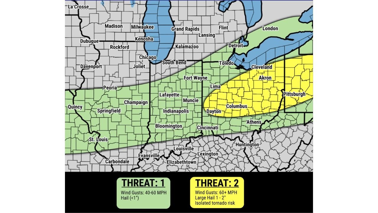 Ohio Including Columbus, Cleveland, Dayton, and Akron Facing 60 MPH Wind Gusts, Large Hail, and Isolated Tornado Risk as Severe Storms Target the Region Saturday Evening June 6
