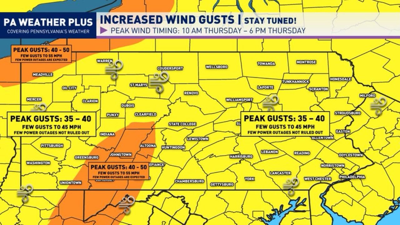 Pennsylvania Facing Widespread 35 to 50 MPH Wind Gusts Thursday With Power Outages Possible Across Northwestern PA and the Laurel Highlands