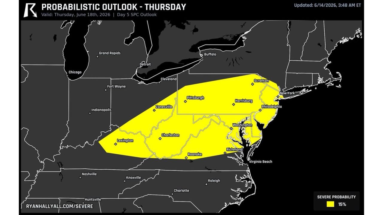 Pennsylvania, West Virginia, and Virginia Face 15 Percent Severe Risk Thursday as SPC Outlook Shifts East With Damaging Wind the Primary Concern