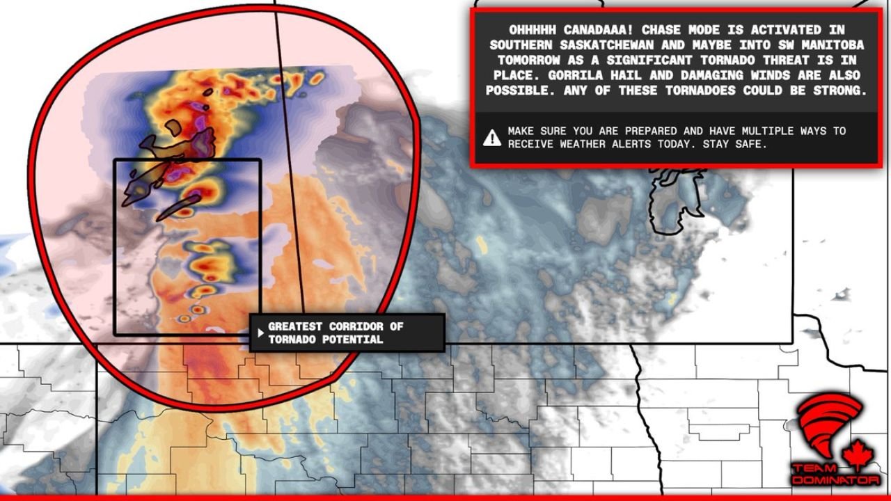 Saskatchewan and Manitoba Including Regina, Yorkton, and Southern Manitoba Facing Possible Tornado Outbreak with Strong Tornadoes, Gorilla Hail, and Damaging Winds Saturday and Sunday