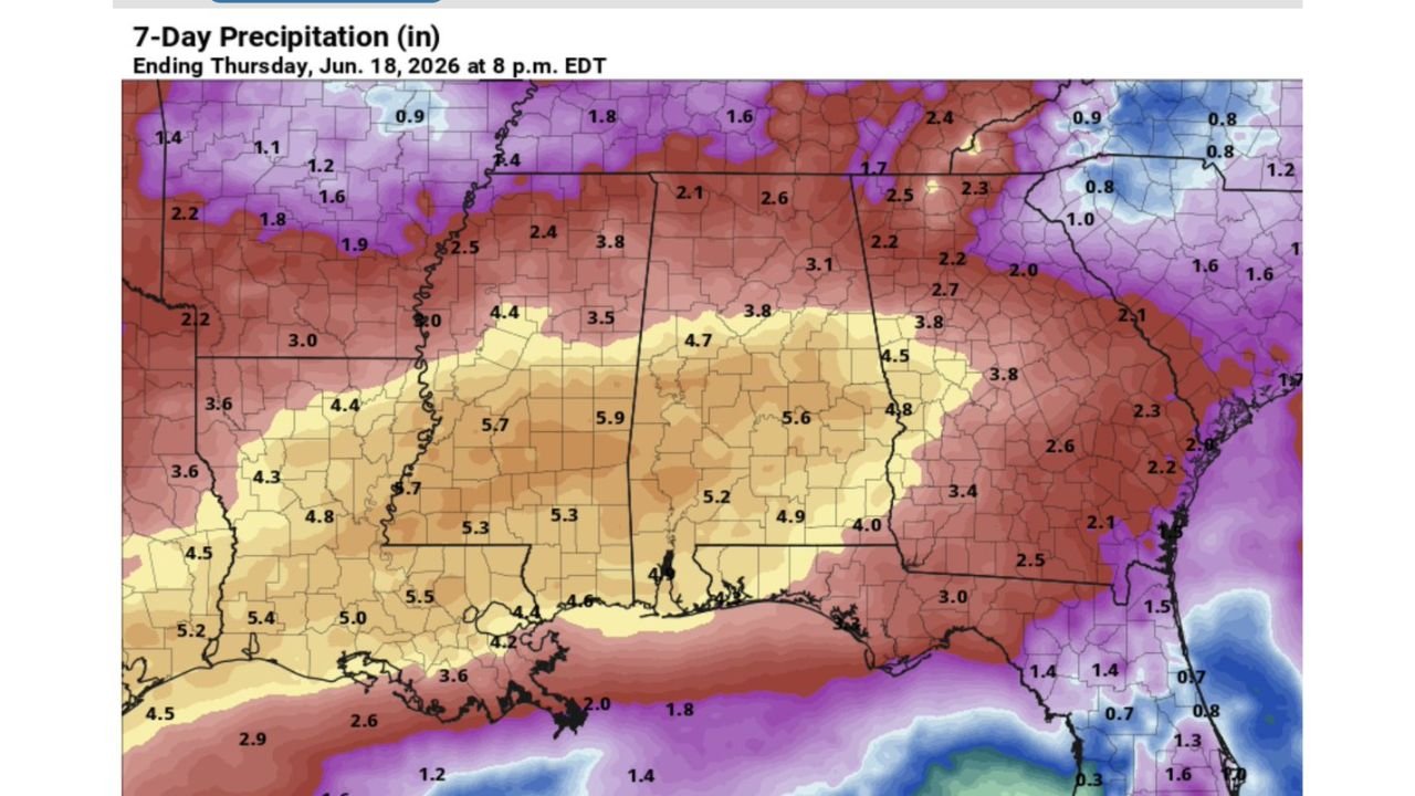 South Alabama and the Deep South Facing Over 5 Inches of Rain Through Next Thursday as Flooding Risk Builds Sunday Through Midweek