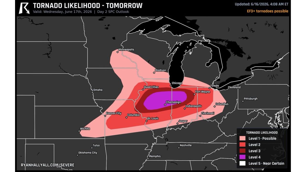 Springfield Illinois Peoria Illinois and Champaign Illinois Face Level 4 Tornado Risk Wednesday as EF-3 Plus Tornadoes Possible Across Central Illinois