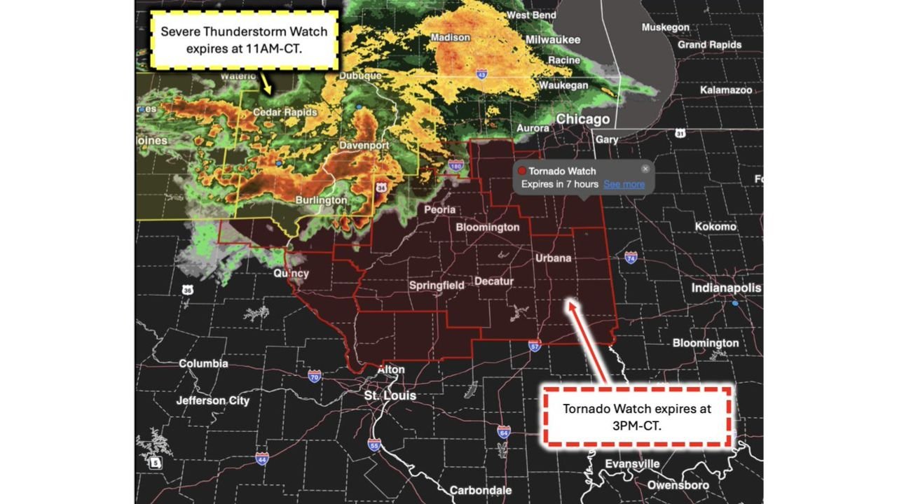 Tornado Watch Issued for Central Illinois Through 3PM Including Springfield Peoria Bloomington and Decatur With 80 MPH Winds and Strong Tornadoes Possible