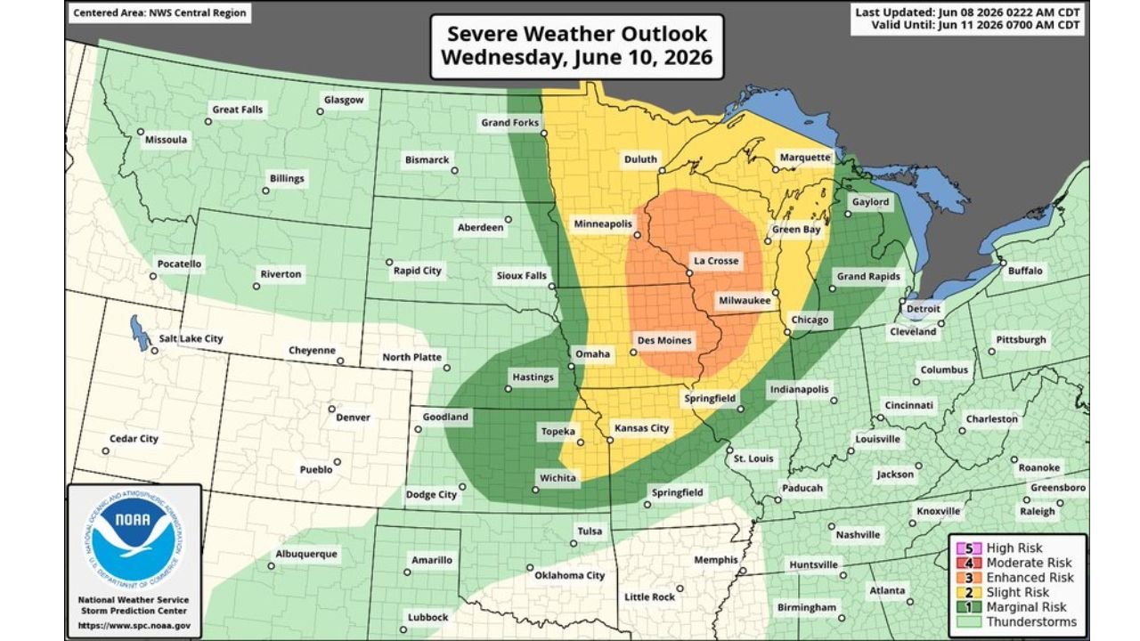 Upper Midwest Including Minneapolis, La Crosse, Milwaukee, and Des Moines Under Enhanced Risk as Supercells Bring Very Large Hail Then Wind and Tornado Threat Wednesday June 10