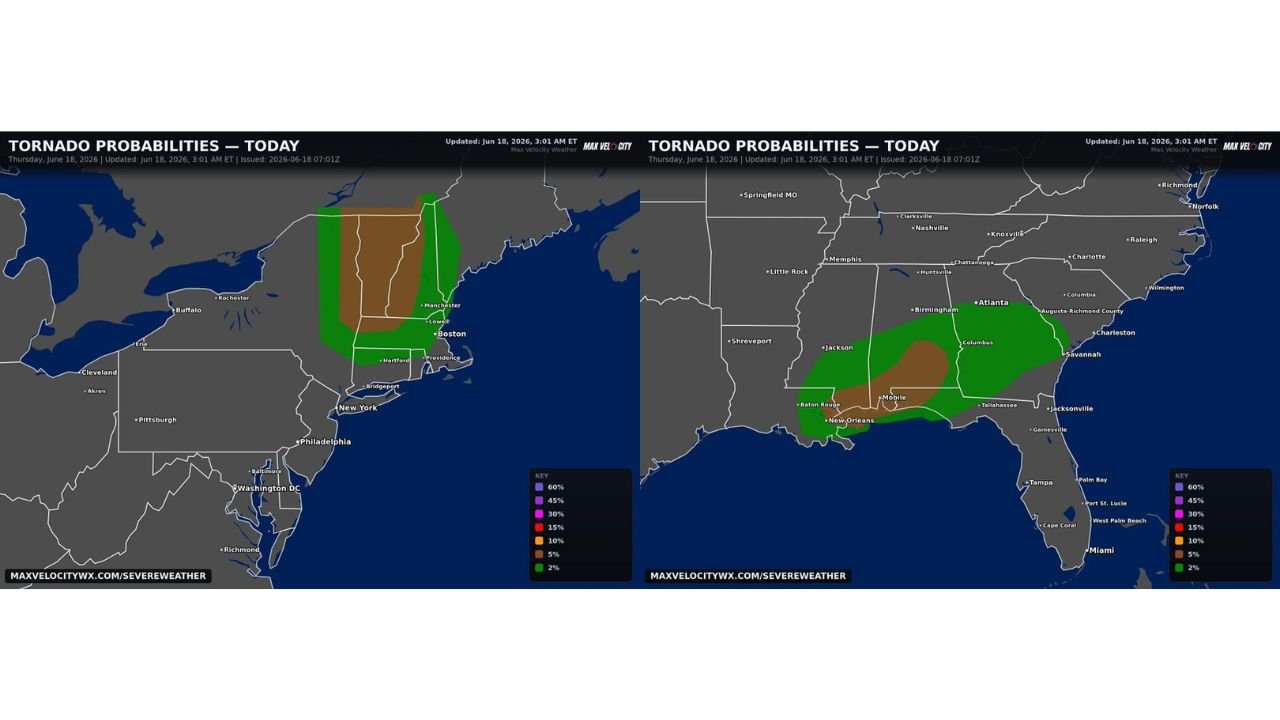 Vermont New Hampshire and Massachusetts Face Tornado Risk Thursday While Gulf Coast Tropical System Continues Bringing Tornadoes and Flooding to the Deep South