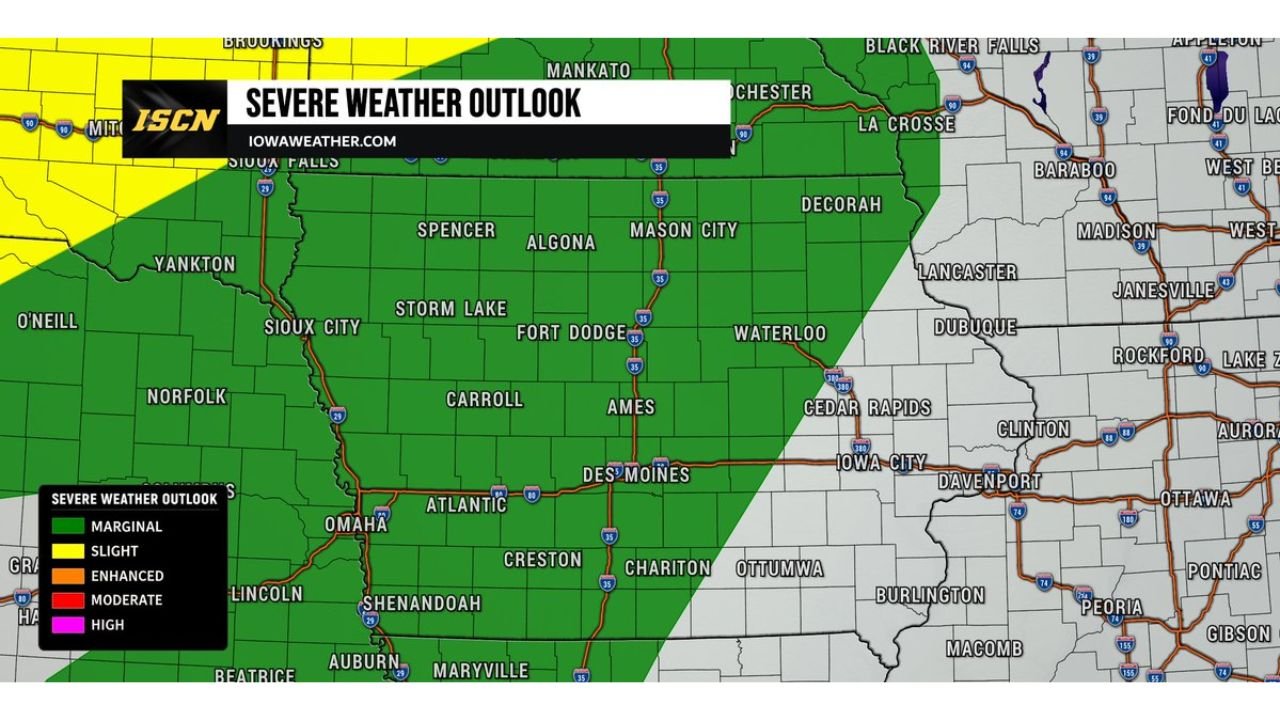 Western, Central, and Southern Iowa Facing Strong to Severe Thunderstorms with Large Hail, Damaging Winds, and Flash Flooding as Slight Risk Issued This Afternoon and Tonight