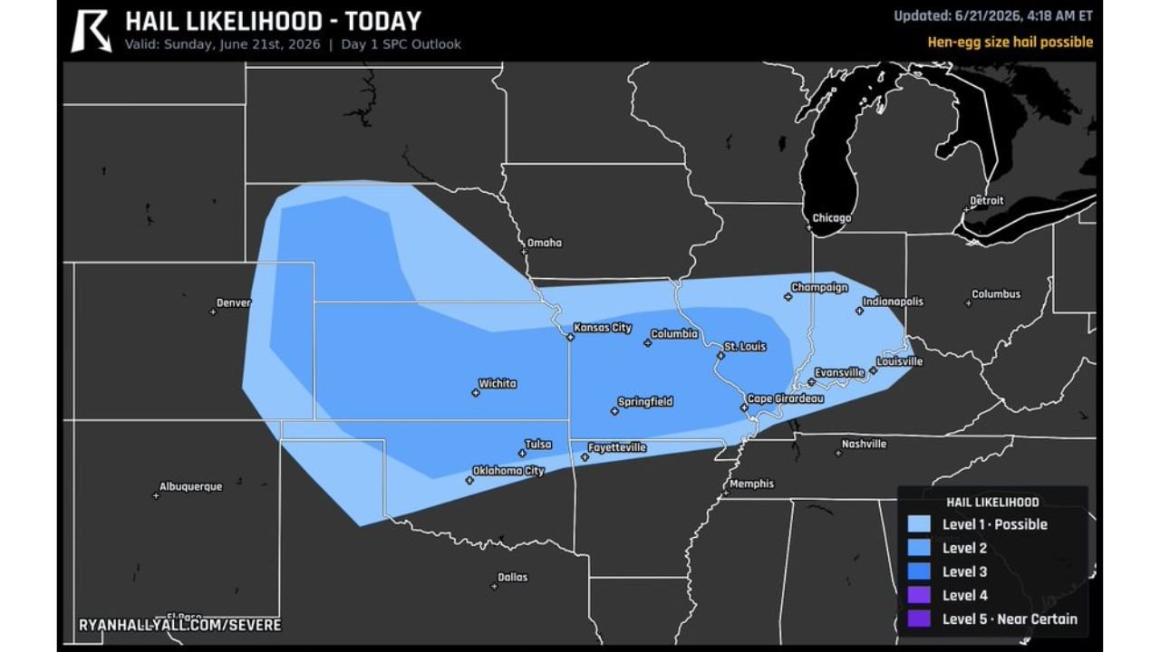 Wichita Kansas, Springfield Missouri, Enid Oklahoma Brace for Hen Egg Size Hail Up to 2 Inches and Larger as Lone Storms Fire Along Front This Afternoon