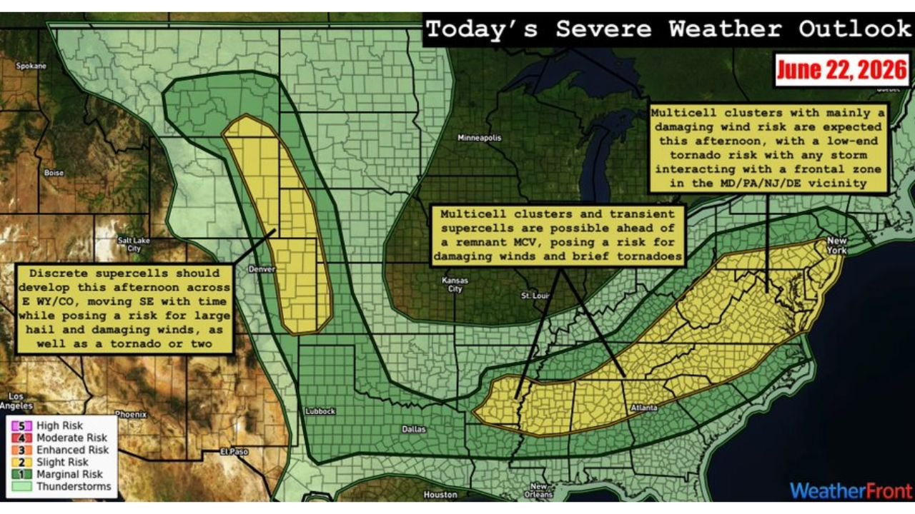 Wyoming, Colorado, Nebraska, Maryland, Pennsylvania, New Jersey, Southeast Face Dual Slight Risk Today With Very Large Hail, Damaging Winds, Tornadoes on Both Coasts